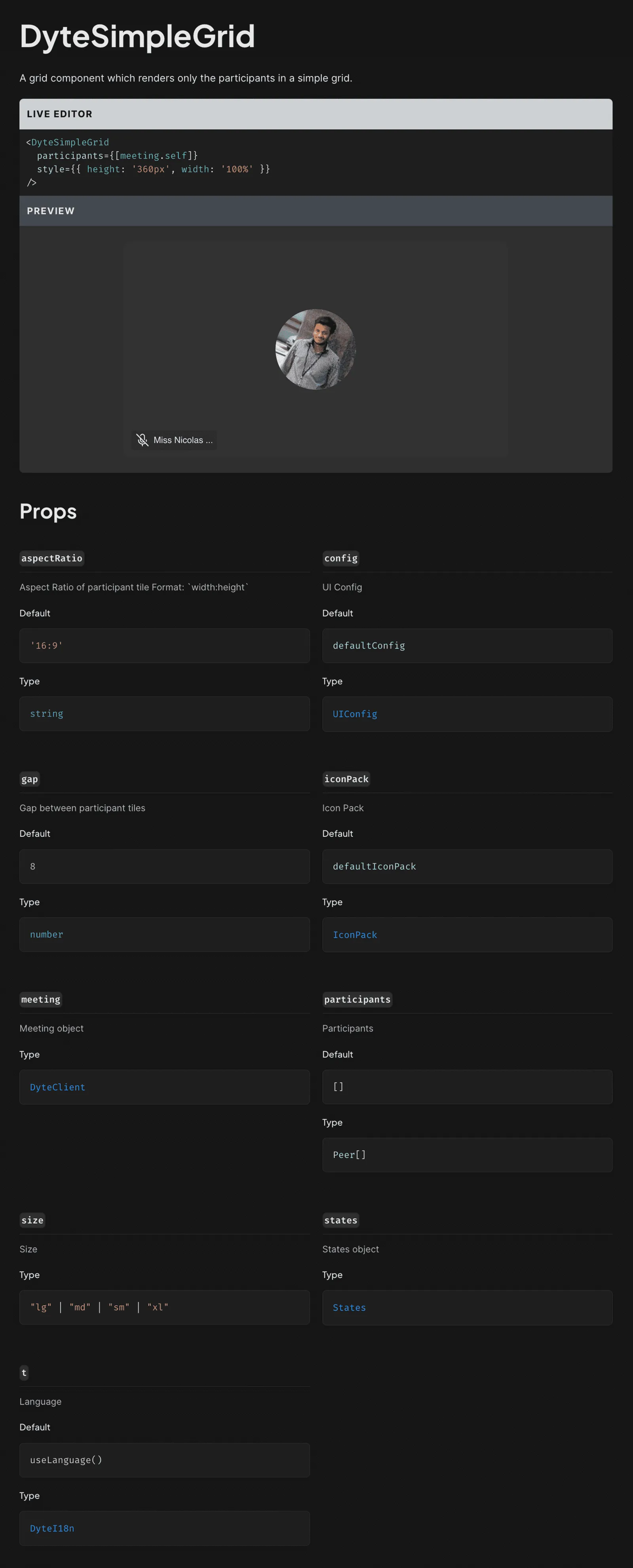 Documentation for the dyte-simple-grid component